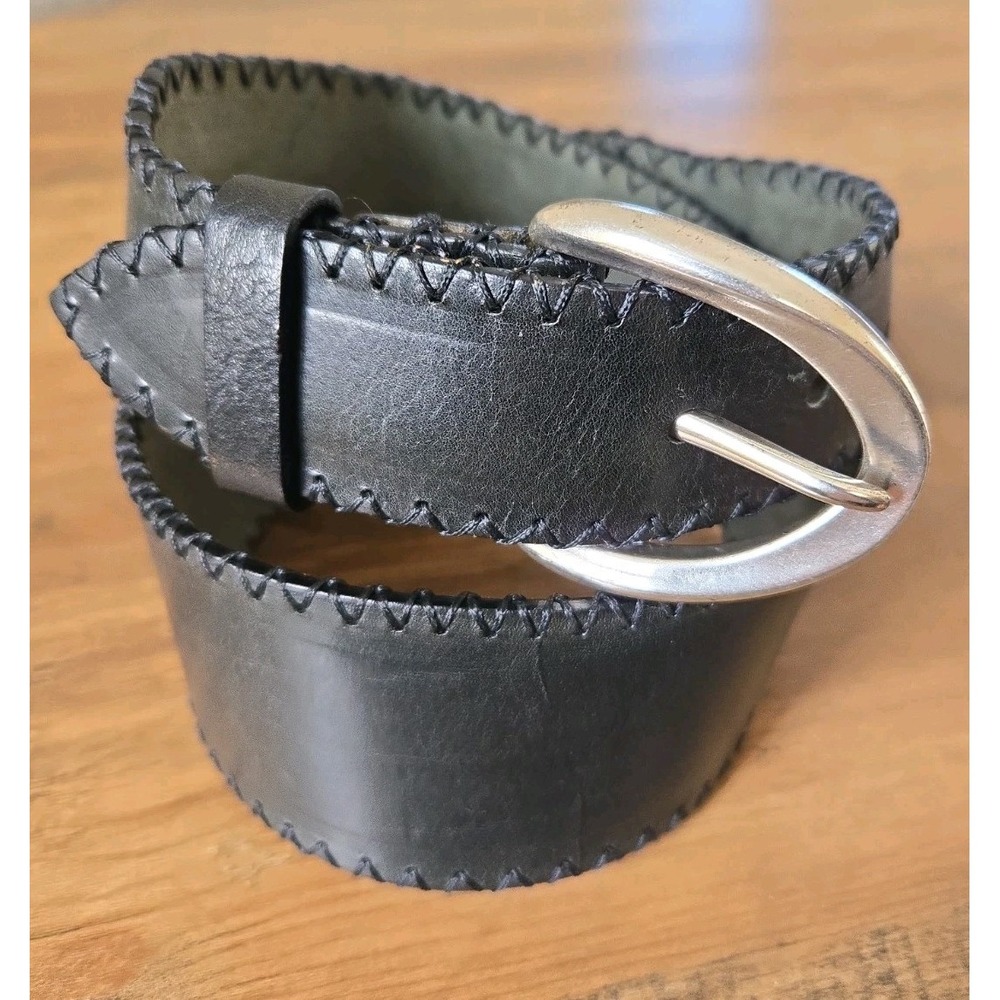 Post & Co. Wide Width Waist Belt Genuine Italian Leather Black/Silver M 28-32